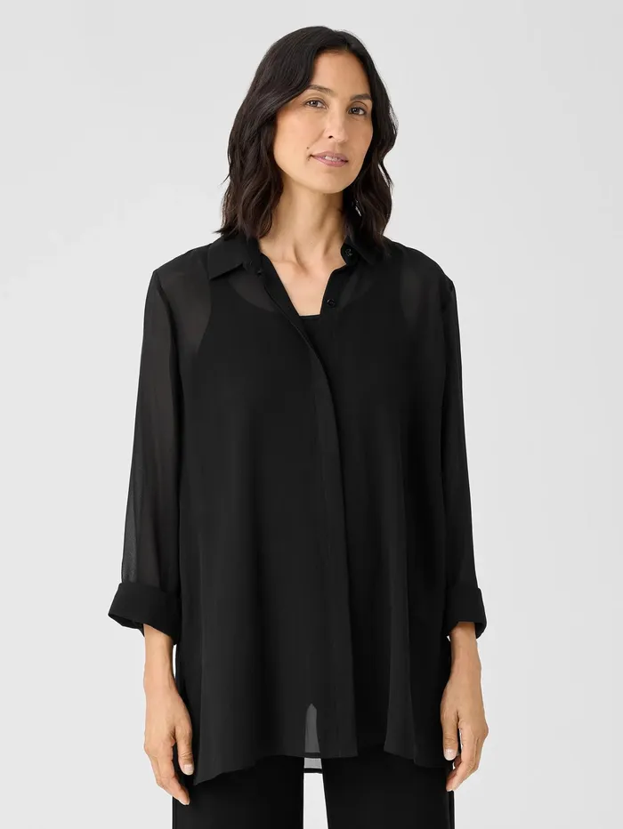 Tops and Tees Women Eileen Fisher Sheer Silk Georgette Classic Collar Shirt Black Tops and Tees Women Eileen Fisher Sheer Silk Georgette Classic Collar Shirt Black