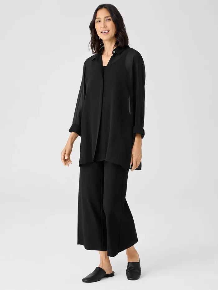 Tops and Tees Women Eileen Fisher Sheer Silk Georgette Classic Collar Shirt Black