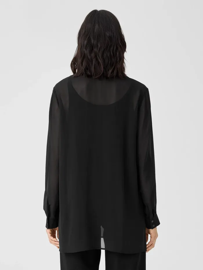 Tops and Tees Women Eileen Fisher Sheer Silk Georgette Classic Collar Shirt Black