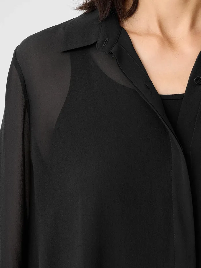 Tops and Tees Women Eileen Fisher Sheer Silk Georgette Classic Collar Shirt Black
