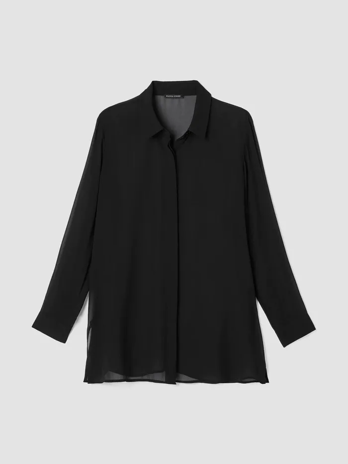 Tops and Tees Women Eileen Fisher Sheer Silk Georgette Classic Collar Shirt Black