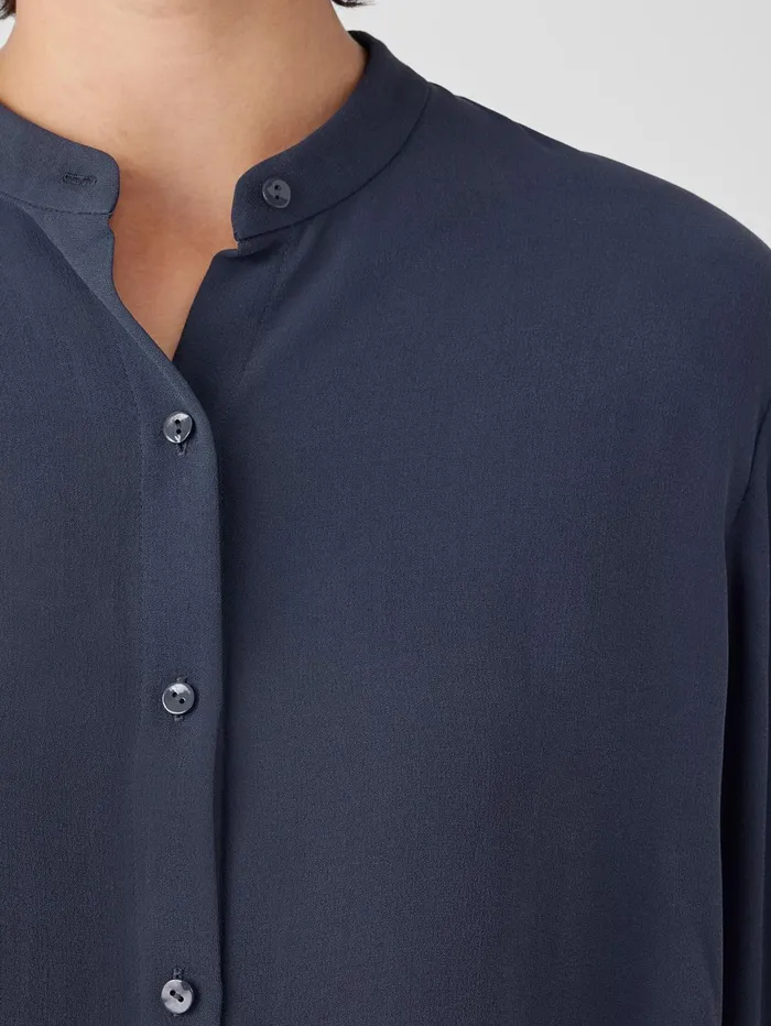 Tops and Tees Women Eileen Fisher Silk Georgette Crepe Band Collar Shirt Ocean