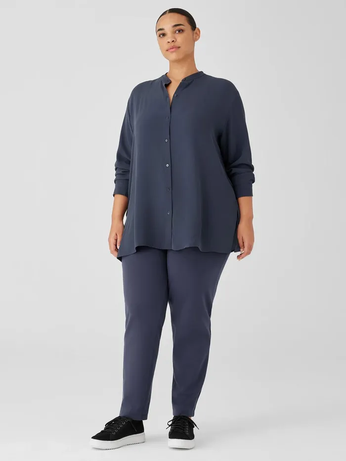 Tops and Tees Women Eileen Fisher Silk Georgette Crepe Band Collar Shirt Ocean