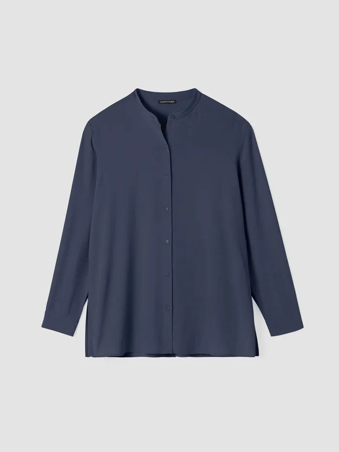 Tops and Tees Women Eileen Fisher Silk Georgette Crepe Band Collar Shirt Ocean
