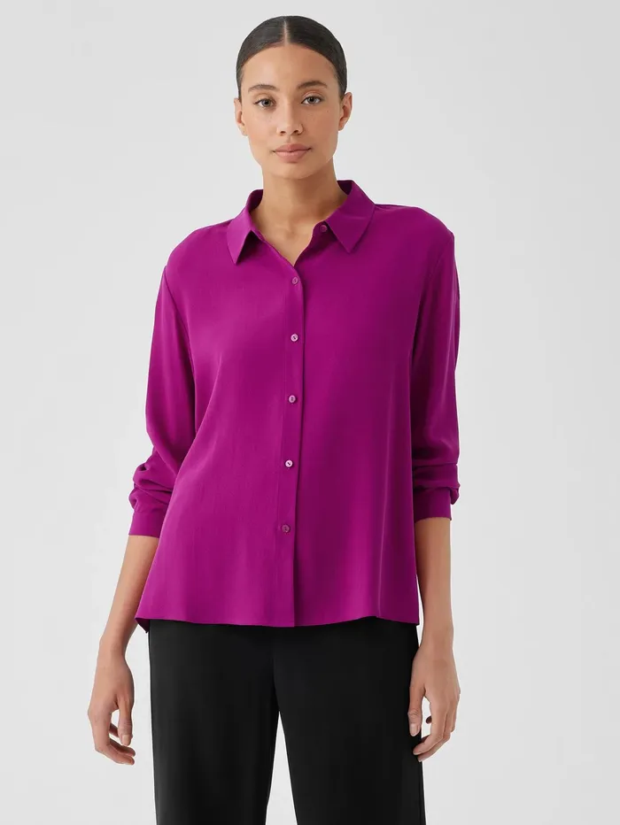 Tops and Tees Women Eileen Fisher Silk Georgette Crepe Classic Collar Shirt Bone Tops and Tees Women Eileen Fisher Silk Georgette Crepe Classic Collar Shirt Bone