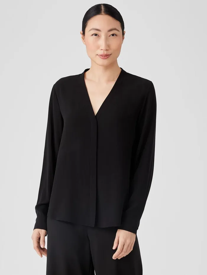 Tops and Tees Women Eileen Fisher Silk Georgette Crepe VNeck Shirt Black