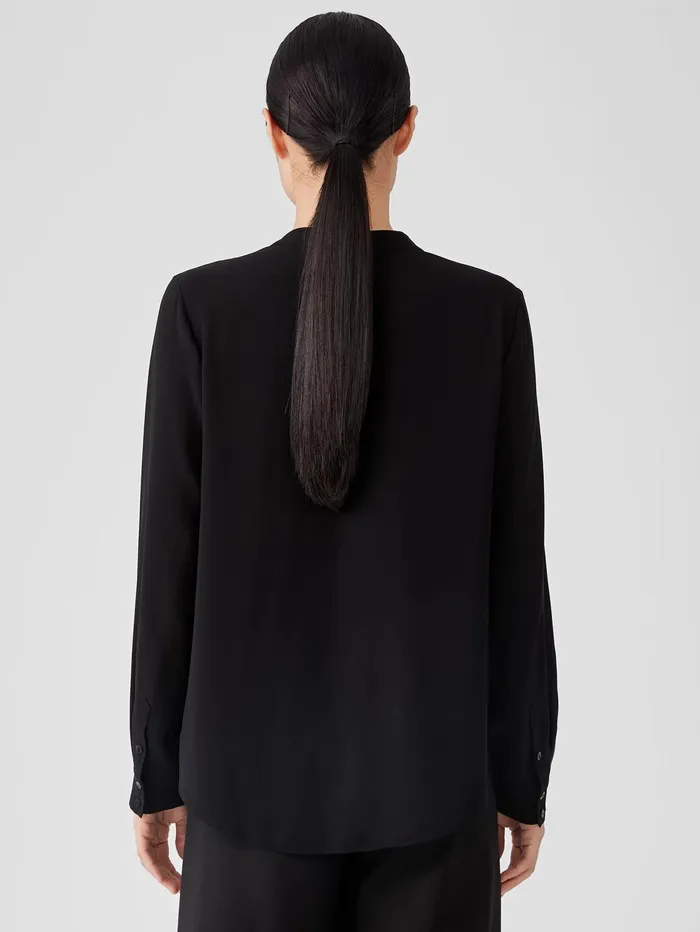 Tops and Tees Women Eileen Fisher Silk Georgette Crepe VNeck Shirt Black