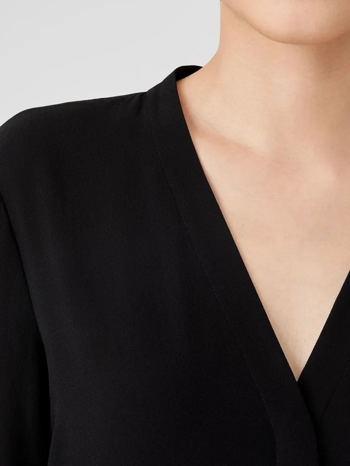 Tops and Tees Women Eileen Fisher Silk Georgette Crepe VNeck Shirt Black