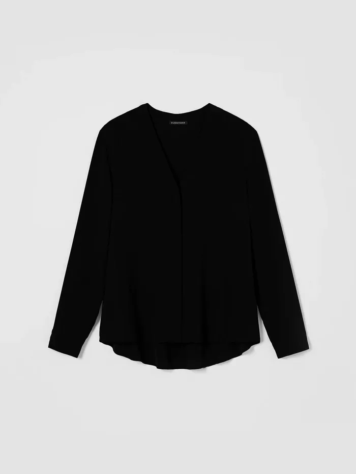Tops and Tees Women Eileen Fisher Silk Georgette Crepe VNeck Shirt Black