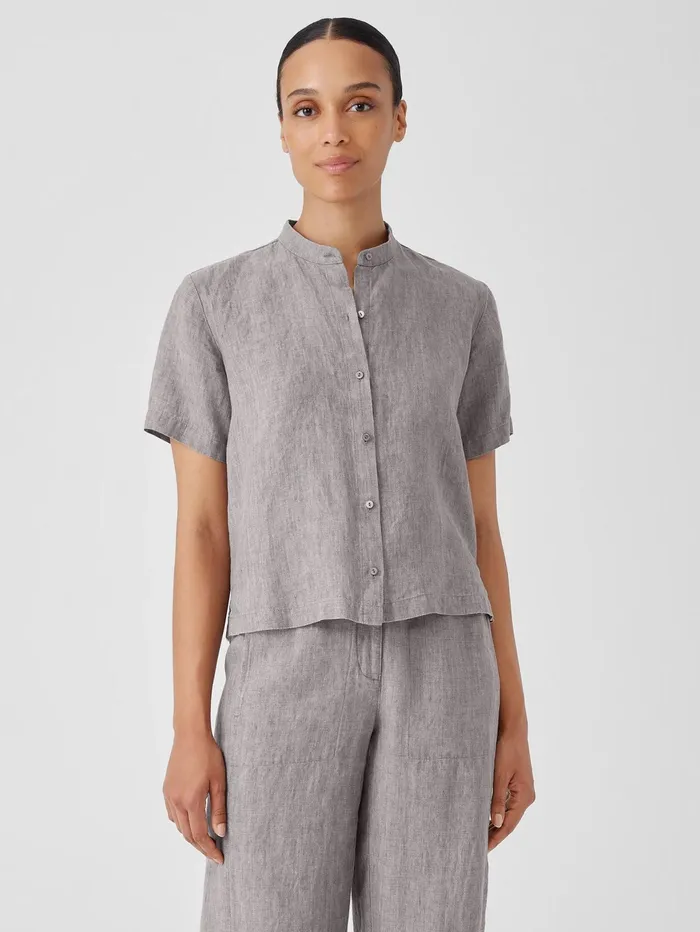 Tops and Tees Women Eileen Fisher Washed Organic Linen Dlav Band Collar Shirt Stone Tops and Tees Women Eileen Fisher Washed Organic Linen Dlav Band Collar Shirt Stone