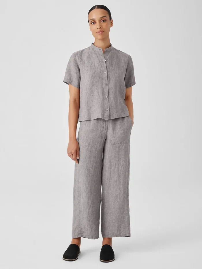 Tops and Tees Women Eileen Fisher Washed Organic Linen Dlav Band Collar Shirt Stone