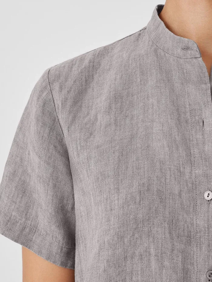 Tops and Tees Women Eileen Fisher Washed Organic Linen Dlav Band Collar Shirt Stone