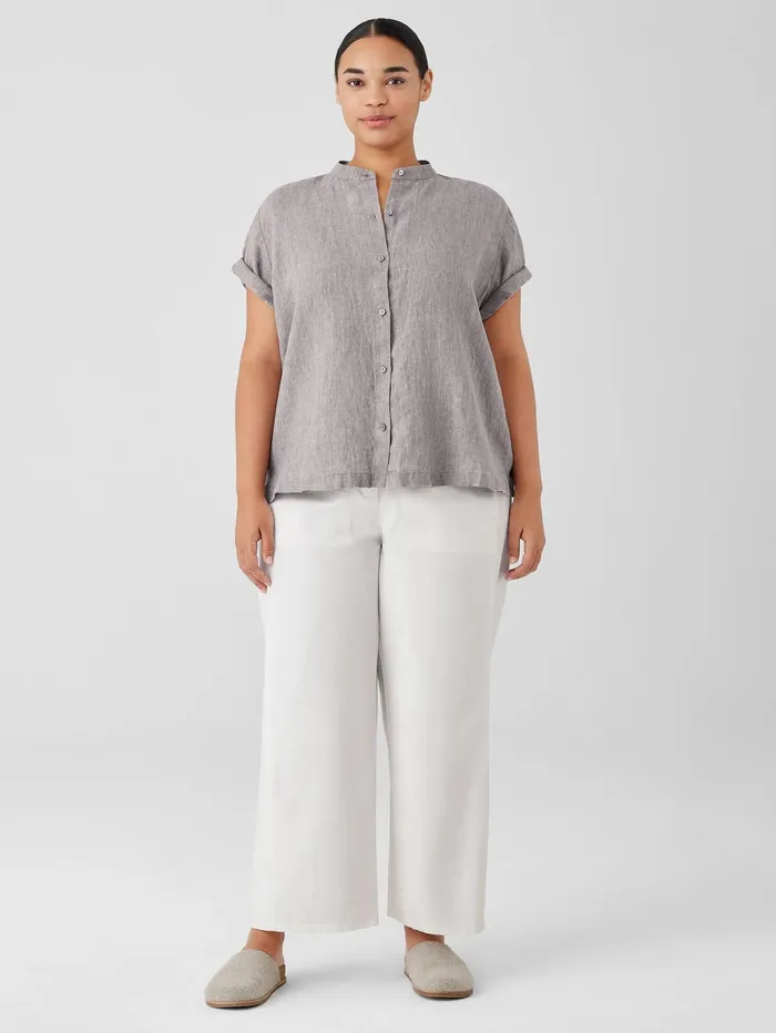Tops and Tees Women Eileen Fisher Washed Organic Linen Dlav Band Collar Shirt Stone