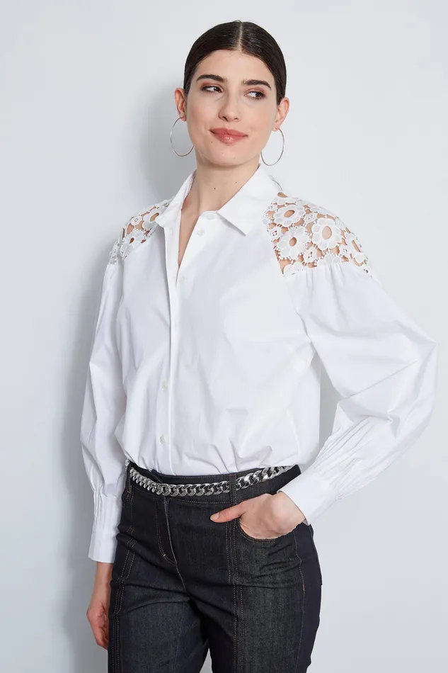 Tops Women Elie Tahari Cotton Lace Sleeve Button Down Shirt Sky White