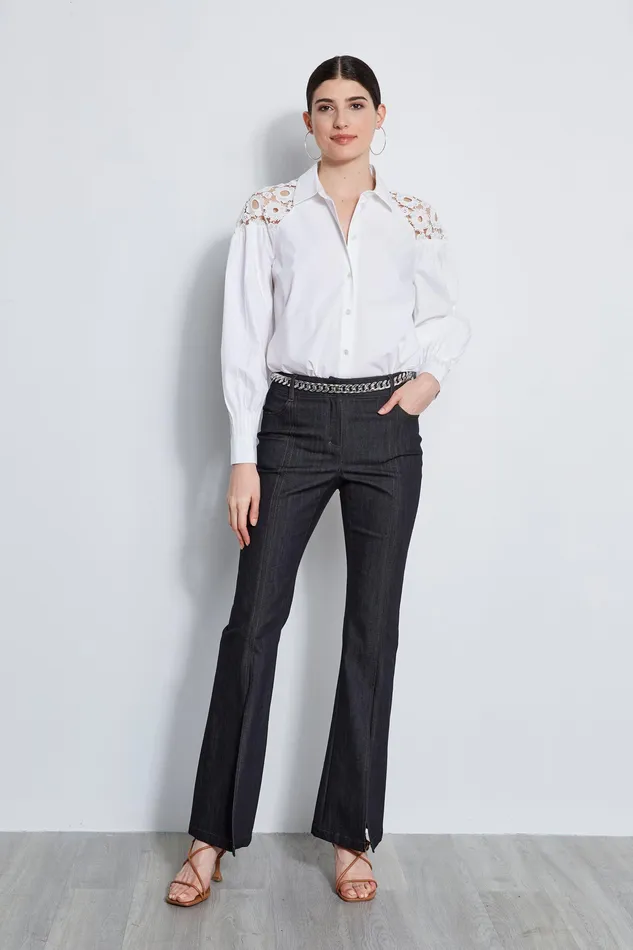 Tops Women Elie Tahari Cotton Lace Sleeve Button Down Shirt Sky White