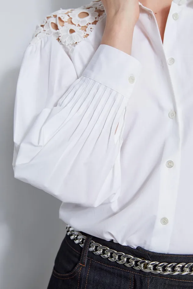 Tops Women Elie Tahari Cotton Lace Sleeve Button Down Shirt Sky White