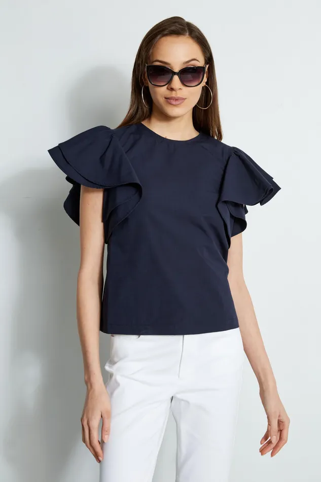 Tops Women Elie Tahari Tiered Flutter Sleeve Cotton Shirt PEACOAT