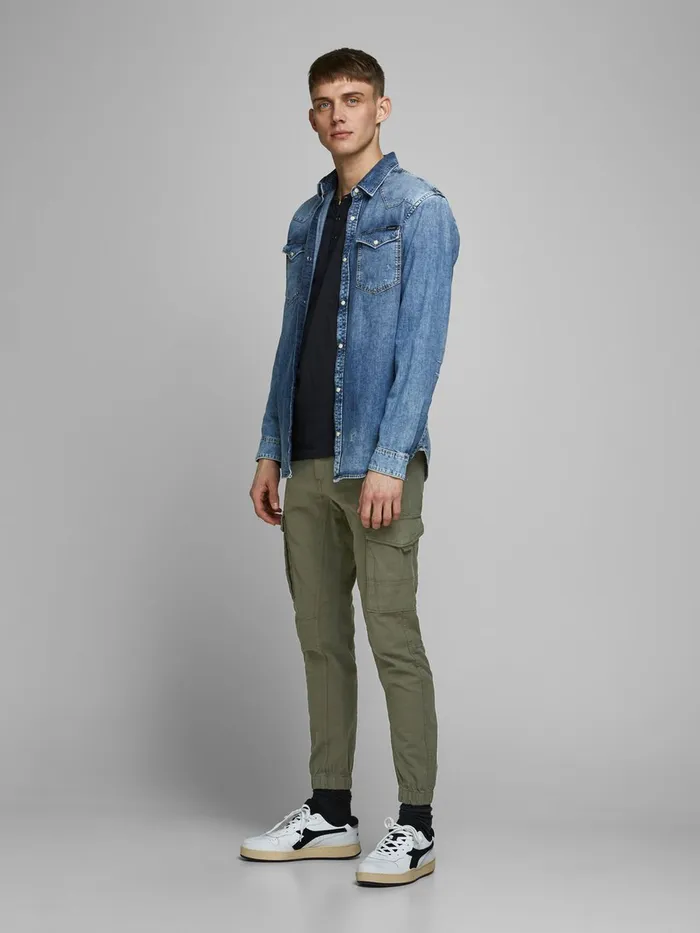 Trousers JACK and JONES Mens PAUL FLAKE LINEN AKM 982 CARGO TROUSERS Green Olive Night