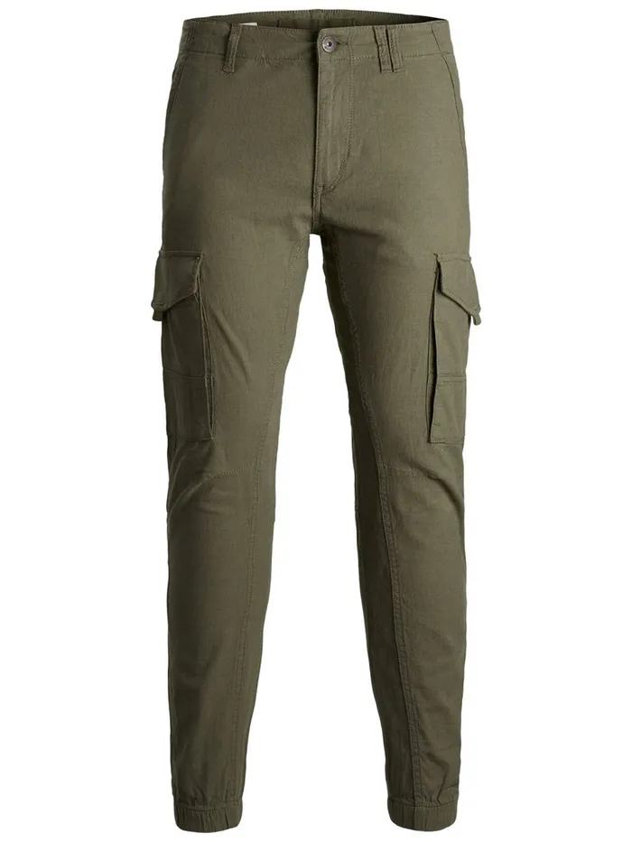 Trousers JACK and JONES Mens PAUL FLAKE LINEN AKM 982 CARGO TROUSERS Green Olive Night