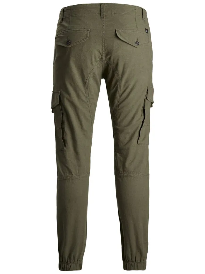 Trousers JACK and JONES Mens PAUL FLAKE LINEN AKM 982 CARGO TROUSERS Green Olive Night