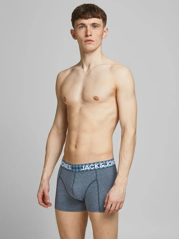 Underwear JACK and JONES Mens 3PACK CHECK DETAIL TRUNKS Blue Dark Blue Denim Popular Underwear JACK and JONES Mens 3PACK CHECK DETAIL TRUNKS Blue Dark Blue Denim Popular
