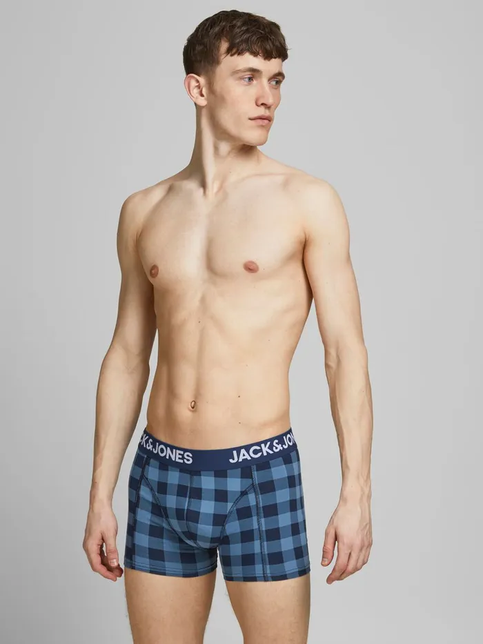 Underwear JACK and JONES Mens 3PACK CHECK DETAIL TRUNKS Blue Dark Blue Denim Popular