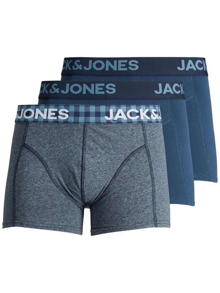 Underwear JACK and JONES Mens 3PACK CHECK DETAIL TRUNKS Blue Dark Blue Denim Popular