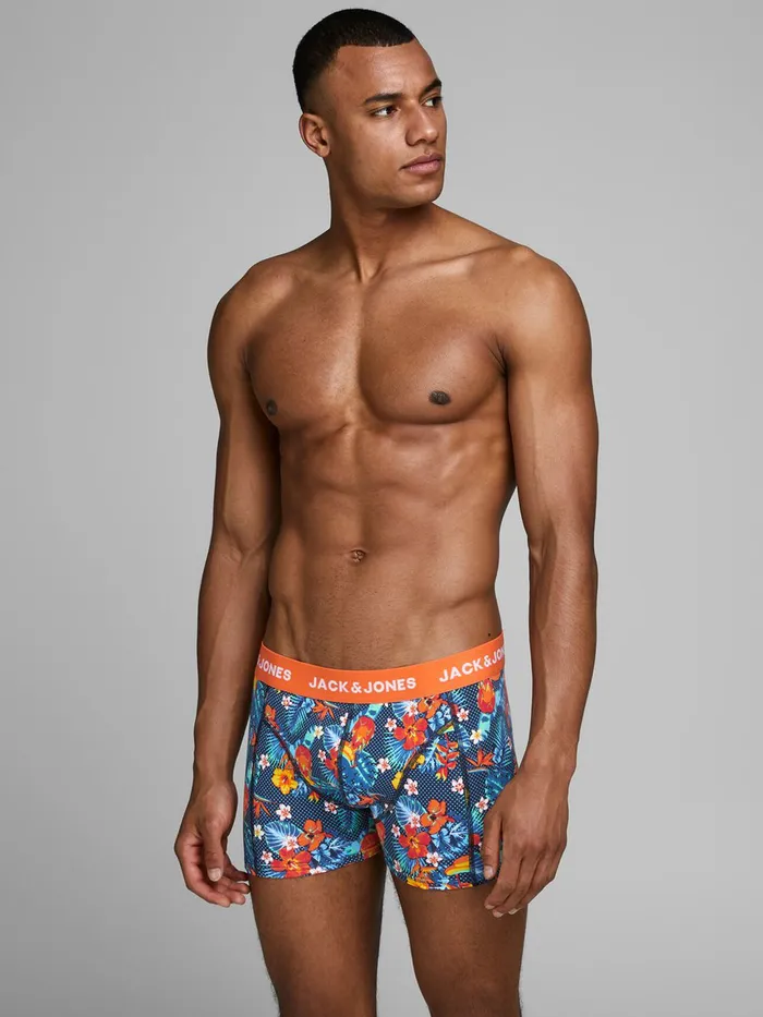 Underwear JACK and JONES Mens 3PACK FLORAL TRUNKS Black Fiery Red Cheap On Sale