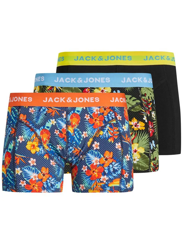 Underwear JACK and JONES Mens 3PACK FLORAL TRUNKS Black Fiery Red Cheap On Sale