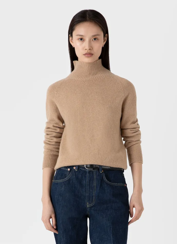 ussunspel Lambswool Funnel Neck Jumper Light Camel Women Knitwear