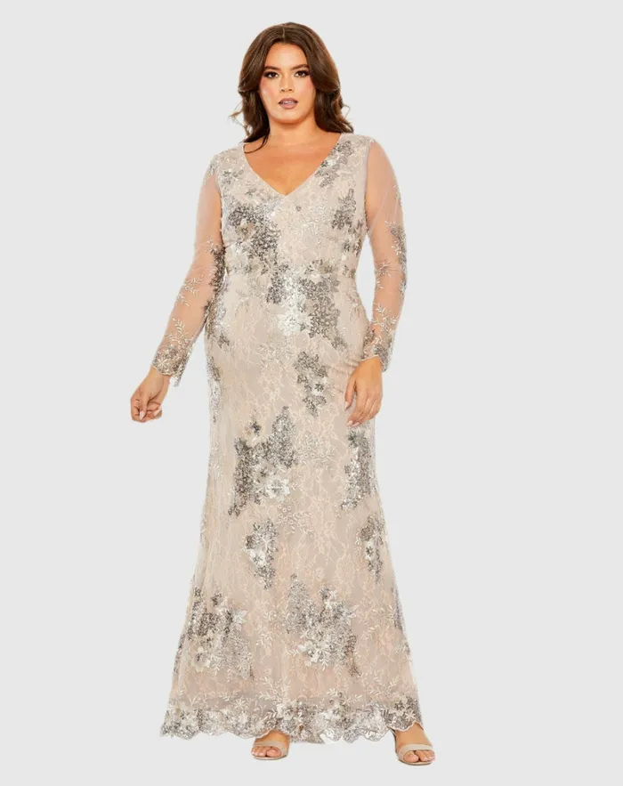 V Neck Mesh Long Sleeve Embroidered Plus Size Dress Taupe Women Plus Size Dresses Mac Duggal V Neck Mesh Long Sleeve Embroidered Plus Size Dress Taupe Women Plus Size Dresses Mac Duggal