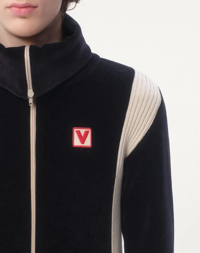 Valentino Activewear Man Chez Valentino Turtleneck Chenille Sweatshirt With Zipper And Patch For Man In Black Black Valentino Activewear Man Chez Valentino Turtleneck Chenille Sweatshirt With Zipper And Patch For Man In Black Black