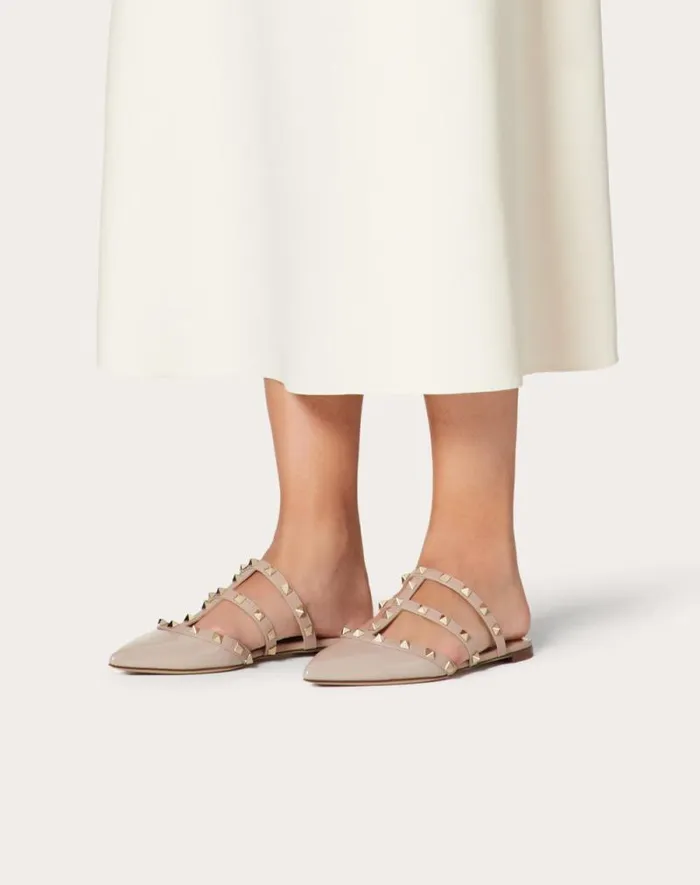 Valentino Ballerinas Woman Rockstud Patentleather Mule For Woman In Poudre Poudre