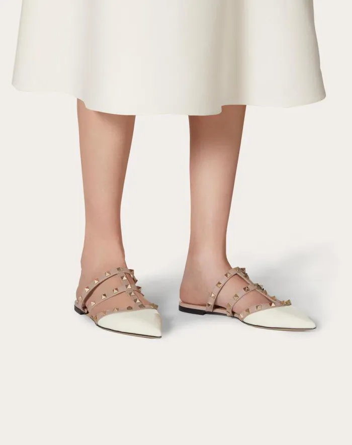 Valentino Ballerinas Woman Rockstud Patentleather Mule For Woman In Poudre Poudre