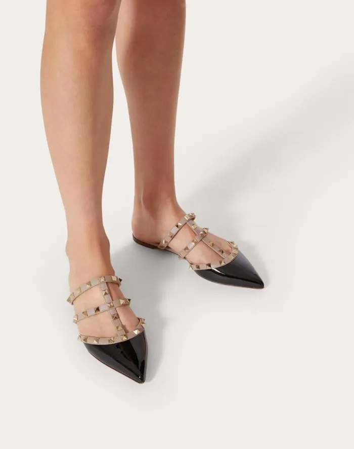 Valentino Ballerinas Woman Rockstud Patentleather Mule For Woman In Poudre Poudre