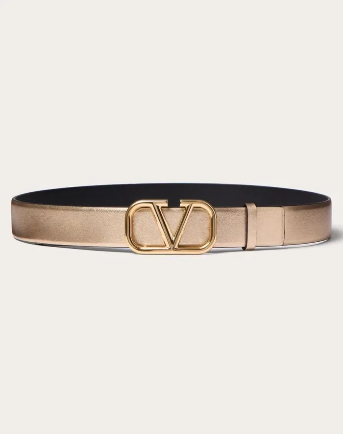 Valentino Belts Woman Vlogo Signature Reversible Belt In Metallic And Shiny Calfskin 30 Mm For Woman In Goldblack Goldblack