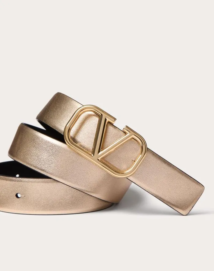 Valentino Belts Woman Vlogo Signature Reversible Belt In Metallic And Shiny Calfskin 30 Mm For Woman In Goldblack Goldblack Valentino Belts Woman Vlogo Signature Reversible Belt In Metallic And Shiny Calfskin 30 Mm For Woman In Goldblack Goldblack