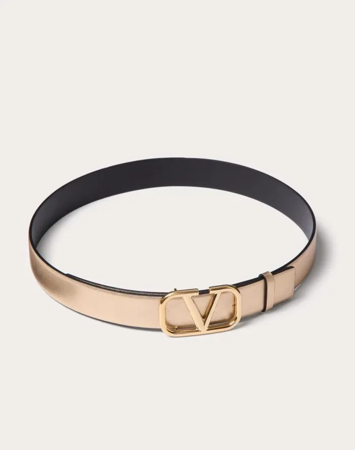 Valentino Belts Woman Vlogo Signature Reversible Belt In Metallic And Shiny Calfskin 30 Mm For Woman In Goldblack Goldblack Valentino Belts Woman Vlogo Signature Reversible Belt In Metallic And Shiny Calfskin 30 Mm For Woman In Goldblack Goldblack