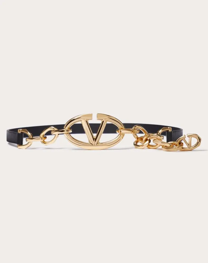 Valentino Belts Woman Vlogo Signature Shiny Calfskin Belt With Chain For Woman In Cappuccino Cappuccino