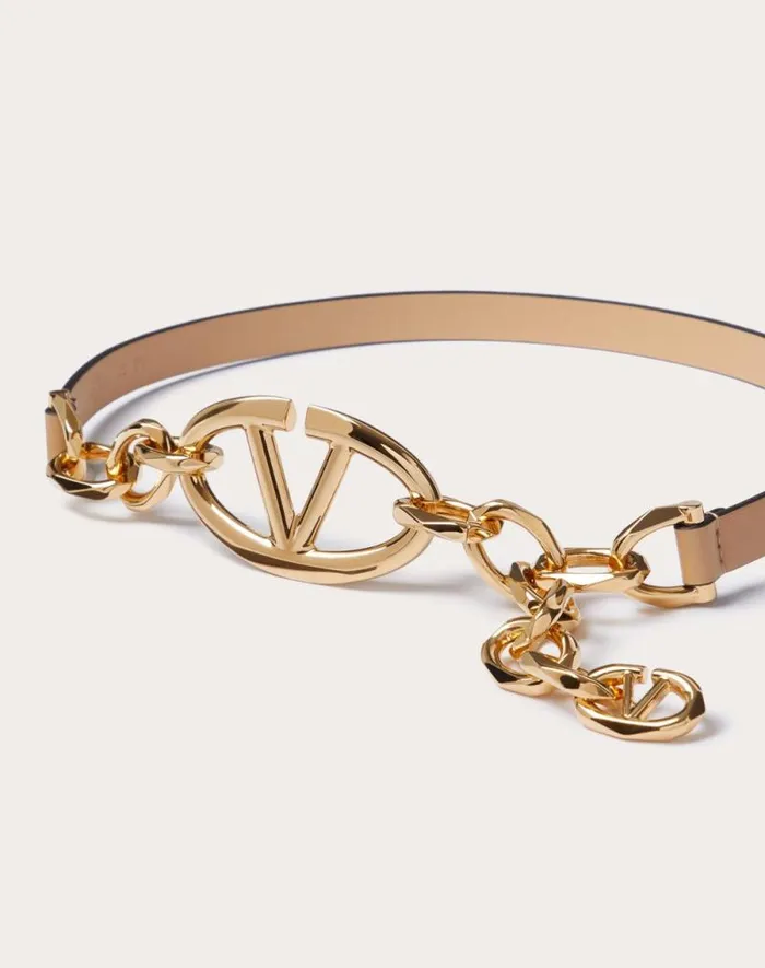 Valentino Belts Woman Vlogo Signature Shiny Calfskin Belt With Chain For Woman In Cappuccino Cappuccino Valentino Belts Woman Vlogo Signature Shiny Calfskin Belt With Chain For Woman In Cappuccino Cappuccino