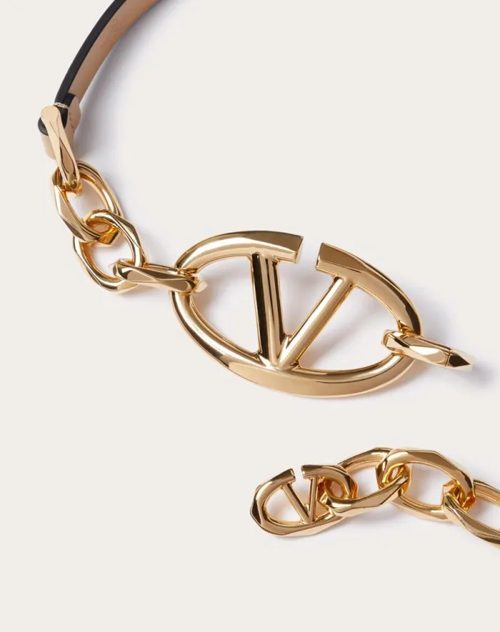 Valentino Belts Woman Vlogo Signature Shiny Calfskin Belt With Chain For Woman In Cappuccino Cappuccino Valentino Belts Woman Vlogo Signature Shiny Calfskin Belt With Chain For Woman In Cappuccino Cappuccino