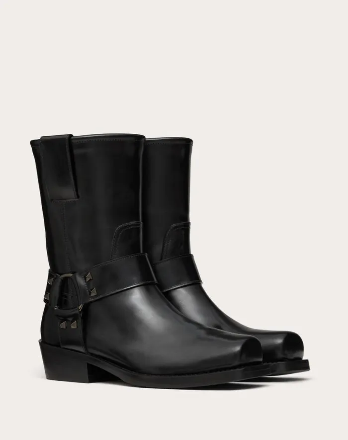Valentino Boots Woman Rockstud Calfskin Biker Ankle Boot 40mm For Woman In Black Black