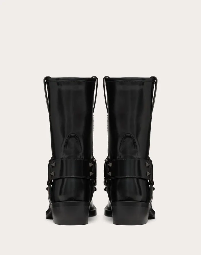 Valentino Boots Woman Rockstud Calfskin Biker Ankle Boot 40mm For Woman In Black Black