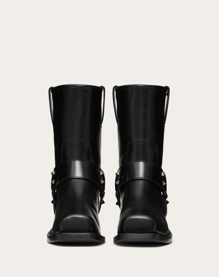 Valentino Boots Woman Rockstud Calfskin Biker Ankle Boot 40mm For Woman In Black Black