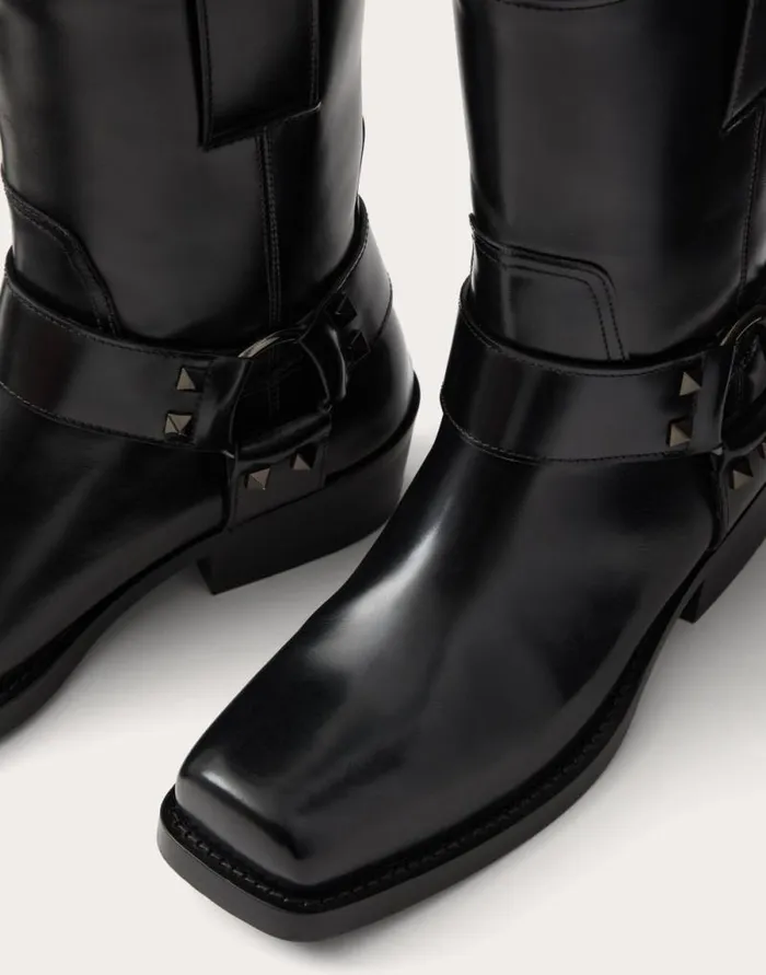 Valentino Boots Woman Rockstud Calfskin Biker Ankle Boot 40mm For Woman In Black Black