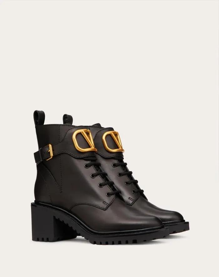 Valentino Boots Woman Vlogo Signature Calfskin Combat Boot 70 Mm For Woman In Black Black