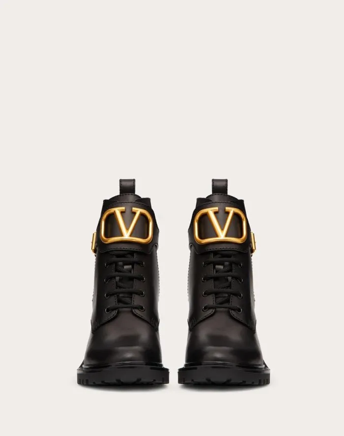 Valentino Boots Woman Vlogo Signature Calfskin Combat Boot 70 Mm For Woman In Black Black