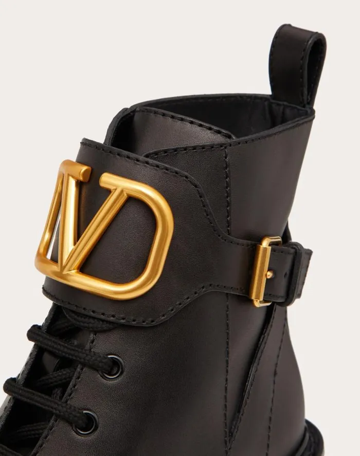 Valentino Boots Woman Vlogo Signature Calfskin Combat Boot 70 Mm For Woman In Black Black