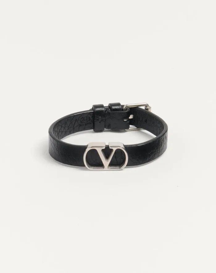 Valentino Jewelry Man Vlogo Signature Grainy Calfskin Bracelet For Man In Black Black