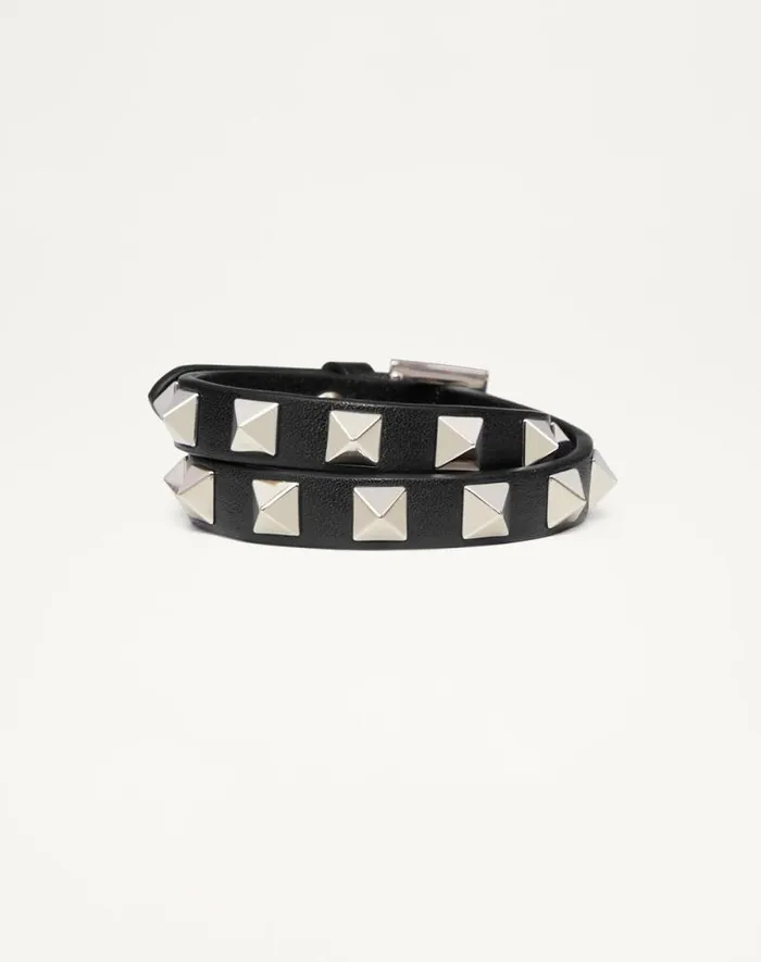 Valentino Jewelry Woman Rockstud Calfskin Doublestrap Bracelet For Woman In Black Black